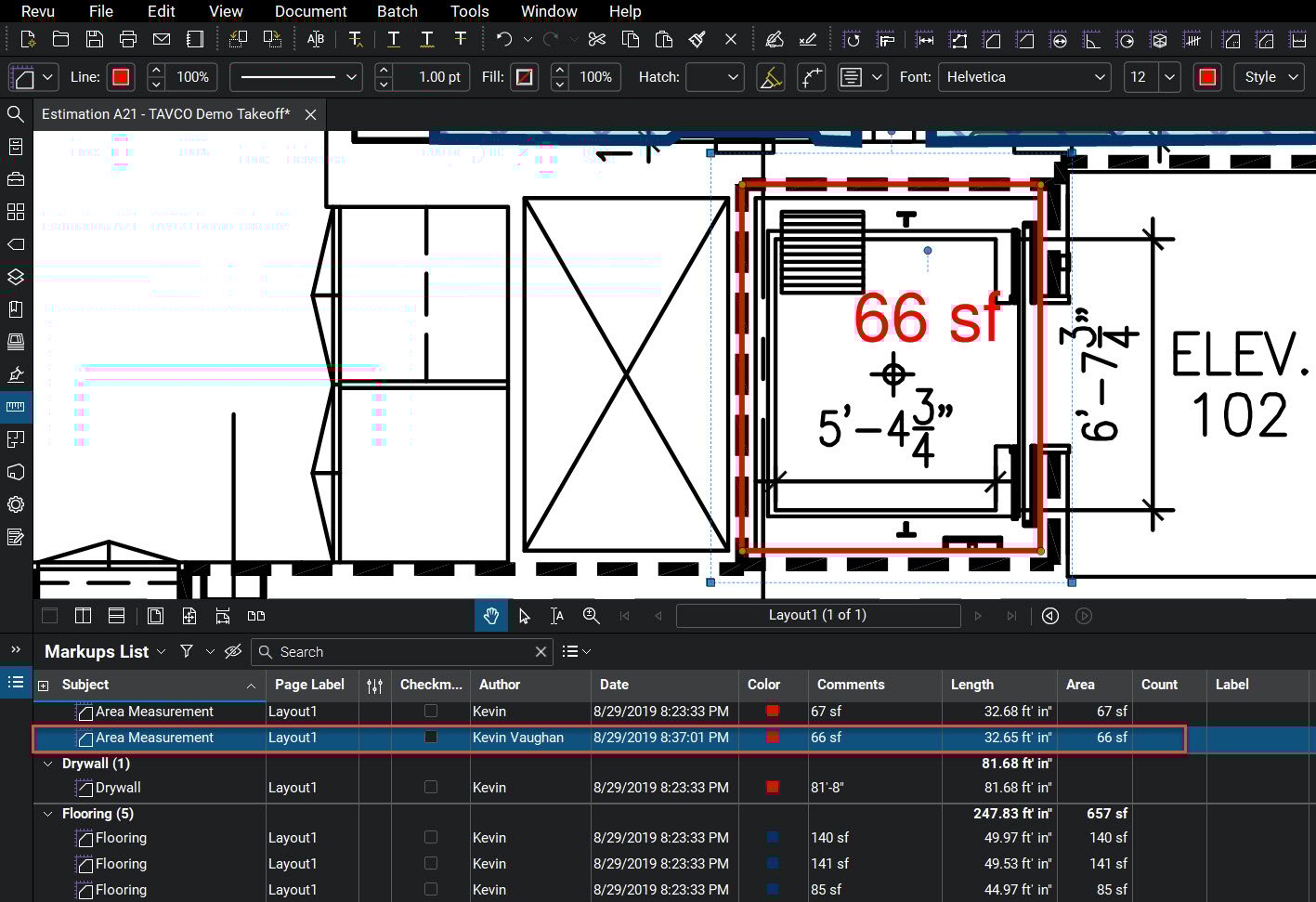 Takeoff are recorded in the Markups List - Bluebeam - TAVCO