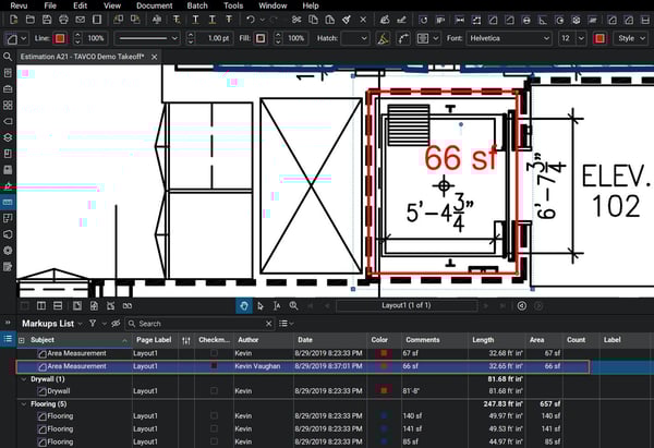 Takeoff are recorded in the Markups List - Bluebeam - TAVCO