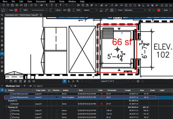 Takeoff are recorded in the Markups List - Bluebeam - TAVCO