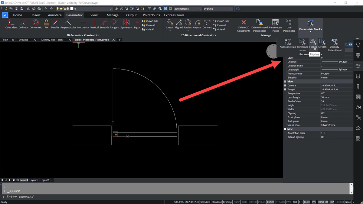 BricsCAD - Ribbon - Parametric Blocks - Add flipline - TAVCO