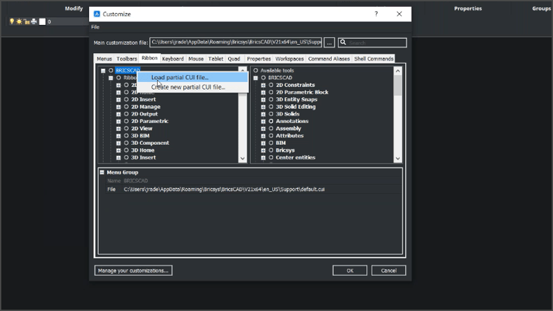 BricsCAD CUI File Manager Dialog - TAVCO