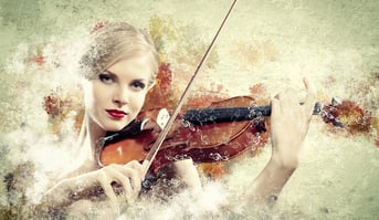 Image of beautiful female violinist playing with against colorful background