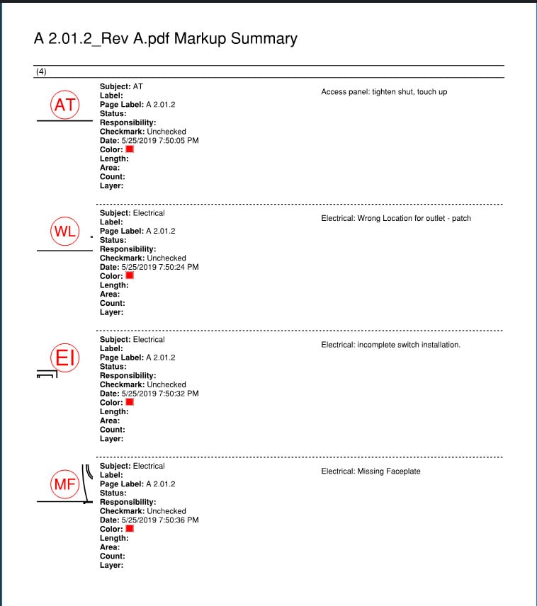 Bluebeam Markup Summary