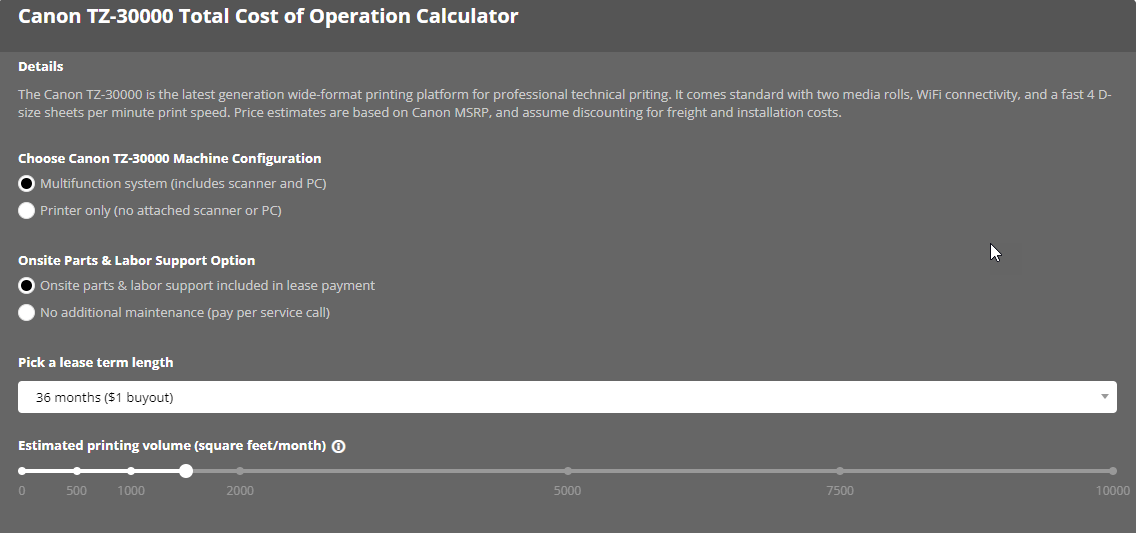 Operating cost of Canon TZ-30000 calculator - TAVCO